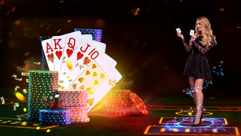girl black dress is holding two aces smiling posing green playing table with blue neon circle it stacks colorful chips playing cards flying dollars coins poker casino Almanbahis almanbahis giriş